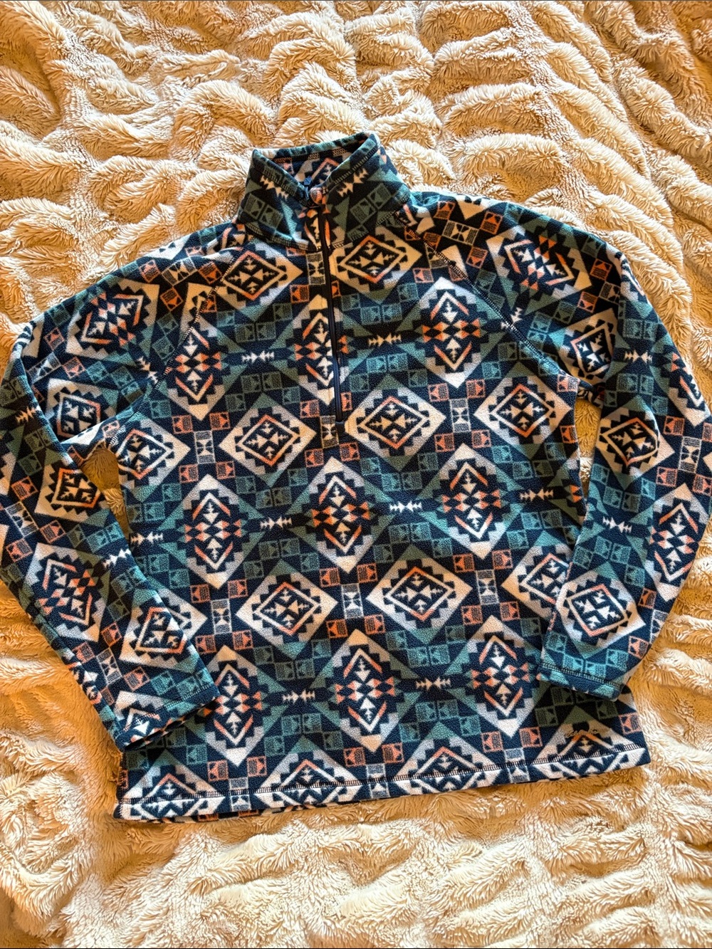 Eddie Bauer Women's Aztec Zip-Up Fleece Sweater - Teal, Navy & Cream